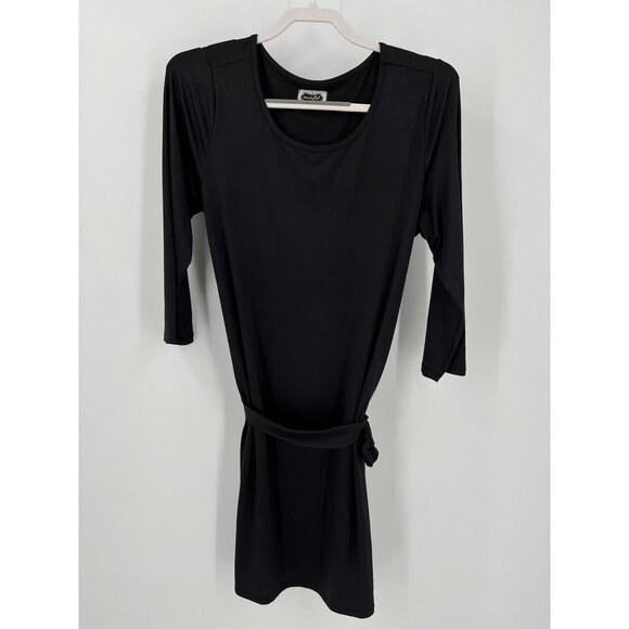 Mud Pie Black Dress Large Stretchy Knit 3/4 Sleeve Belted - Picture 1 of 9